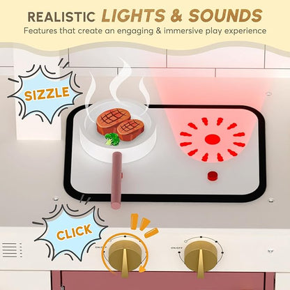 BIERUM Play Kitchen with Realistic Lights & Sounds, Wooden Kitchen Playset for Toddlers, Toy Kitchen with 26 Pcs Toy Food & Cookware Accessories, Gift for Boys & Gilrs Ages 3+