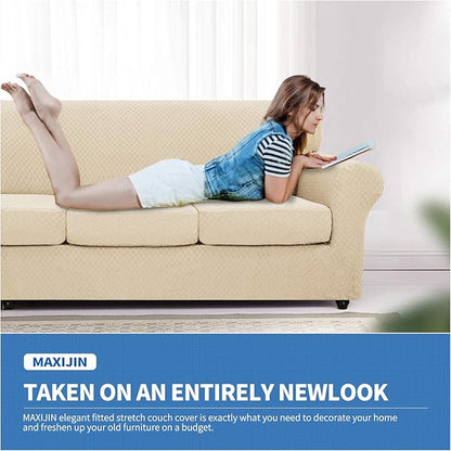 MAXIJIN 4 Piece Jacquard Extra Large Couch Covers for 3 Cushion Couch Super Stretch Non Slip Couch Cover for Dogs Pet Friendly Sofa Slipcover Furniture Protector (Oversized Sofa, Light Beige)