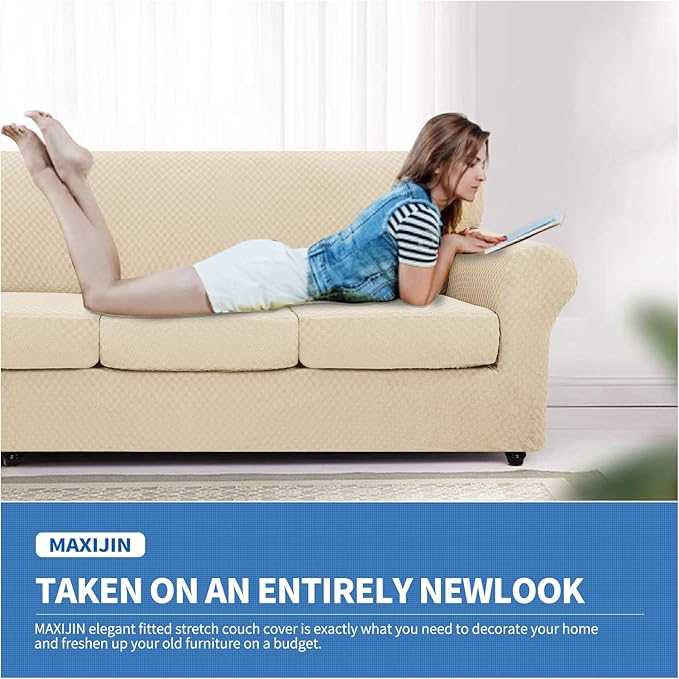 MAXIJIN 3 Piece Stretch Couch Covers for 2 Cushion Couch Sofa Slipcovers with 2 Extra Large Seat Cushion Couch Jacquard Loveseat Sofa Couch Cover for Dogs (2 Cushion Sofa, Light Beige)