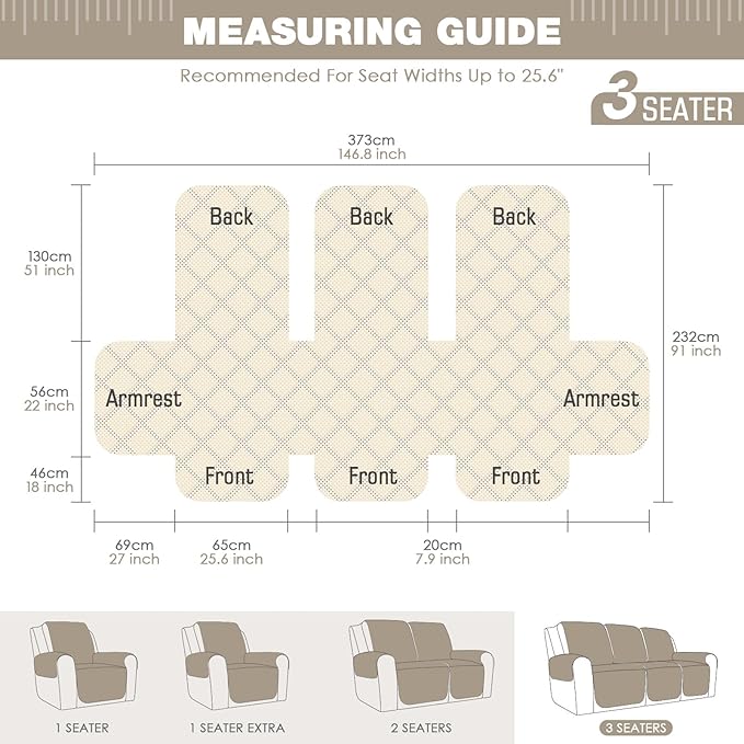 TAOCOCO Waterproof Recliner Couch Covers Sofa Slipcover for 3 Cushion Couch, Pet Sofa Cover for 3 Seat Recliner, Washable Reclining Sofa Cover Furniture Protector with Straps(3 Seater, Sand)