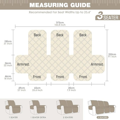 TAOCOCO Waterproof Recliner Couch Covers Sofa Slipcover for 3 Cushion Couch, Pet Sofa Cover for 3 Seat Recliner, Washable Reclining Sofa Cover Furniture Protector with Straps(3 Seater, Sand)