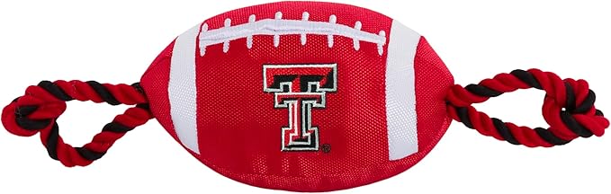 Pets First Texas TECH Football Dog Toy, Tough Quality Nylon Materials, Strong Pull Ropes, Inner Squeaker, Collegiate Team Color