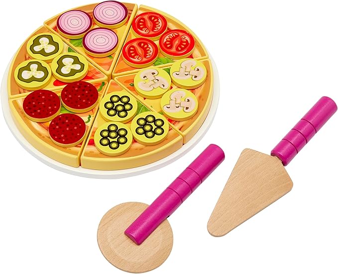 RoseArt Top n' Serve Wood Pizza Parlor Play Set 27pc Pretend Play Kitchen Gift, for Toddlers Ages 3 and Up