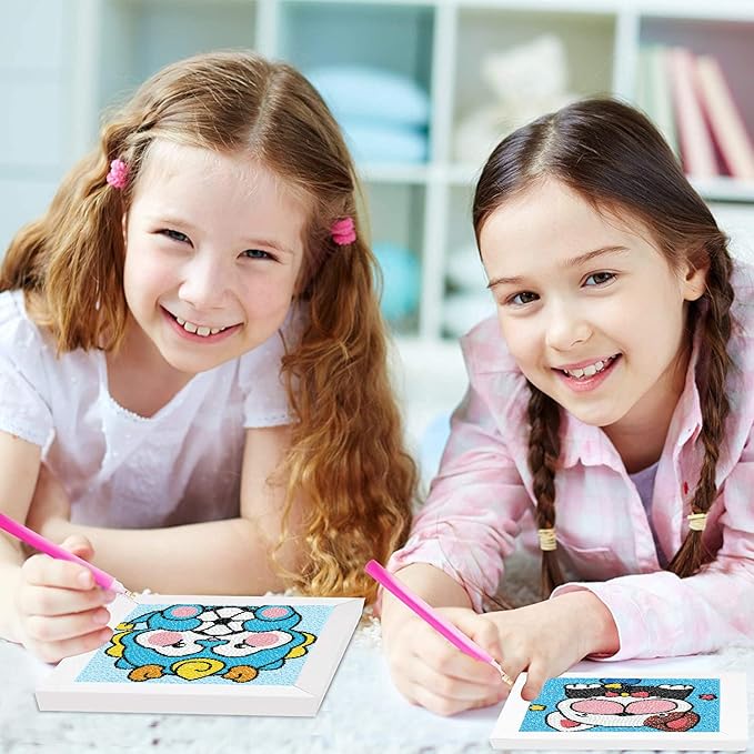 FQOVKYN 4 Pcs Cute Animals Diamond Art Kits for Kids Age 6-12, DIY Cartoon Dinosaur Diamond Art Painting for Adults Beginner, 5D Kids' Mosaic Kits Full Round Drill Gem Art for Kids 6X6 inch