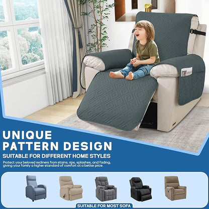 XINEAGE 100% Waterproof Recliner Cover, Non Slip Recliner Chair Cover with Elastic Band, Washable Recliner Slipcover with Storage Pockets for Kids, Pets (Dark Gray, 30")
