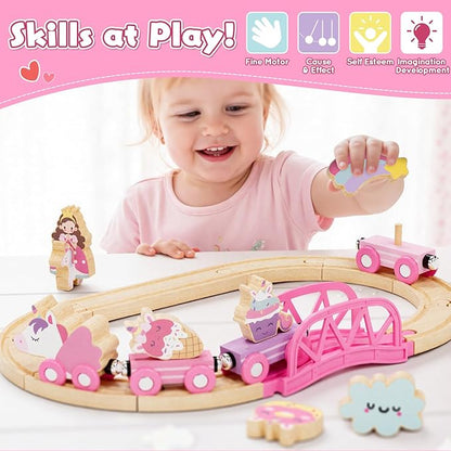 Lehoo Castle Wooden Train Set for Girls, Unicorn Train Set for Toddlers 2-4, Wooden Train Track with Storage Bag, Pink Train Fantasy Toys for 3 Year Old Girl Christmas Birthday Gifts