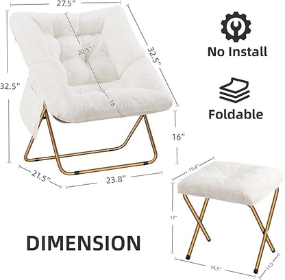 Comfy Saucer Chair, Foldable Living Room Chairs, Soft Faux Fur Lounge Chair for Bedroom, Reading Chairs for Adults, Kids, X-Large (White)