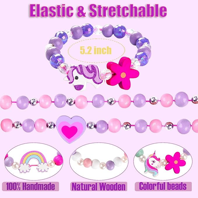 12 Pcs Kids Bracelets for Toddlers Girls - Unicorn Party Favors Pinata Stuffers Birthday Goodies Bag Stuffers Fillers, Cute Wooden Beaded Bracelets Rainbow Heart Pendants Play Jewelry Gifts