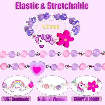 12 Pcs Kids Bracelets for Toddlers Girls - Unicorn Party Favors Pinata Stuffers Birthday Goodies Bag Stuffers Fillers, Cute Wooden Beaded Bracelets Rainbow Heart Pendants Play Jewelry Gifts
