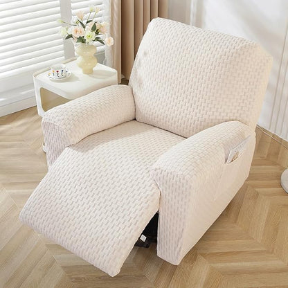 vctops 4 Pieces Jacquard Plush Recliner Slipcovers Stretch Soft Sofa Couch Cover Anti-Slip Solid Color Furniture Protector with Elastic Bottom for Kids Cats Dogs (Cream,1 Seat)