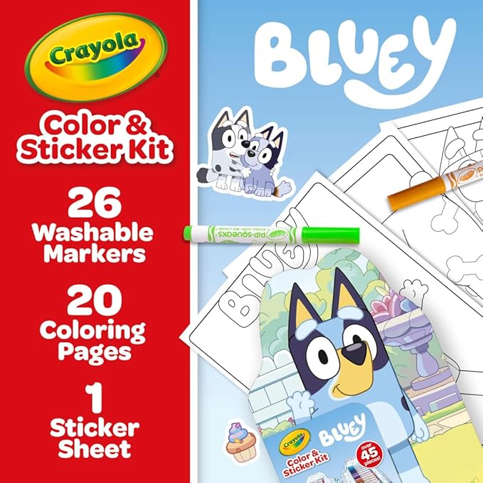Crayola Bluey Art Kit for Kids (45pcs), Bluey Coloring Book Pages, Bluey Stickers for Kids, Bluey Toys For Girls & Boys, Toddler Gift, 4+