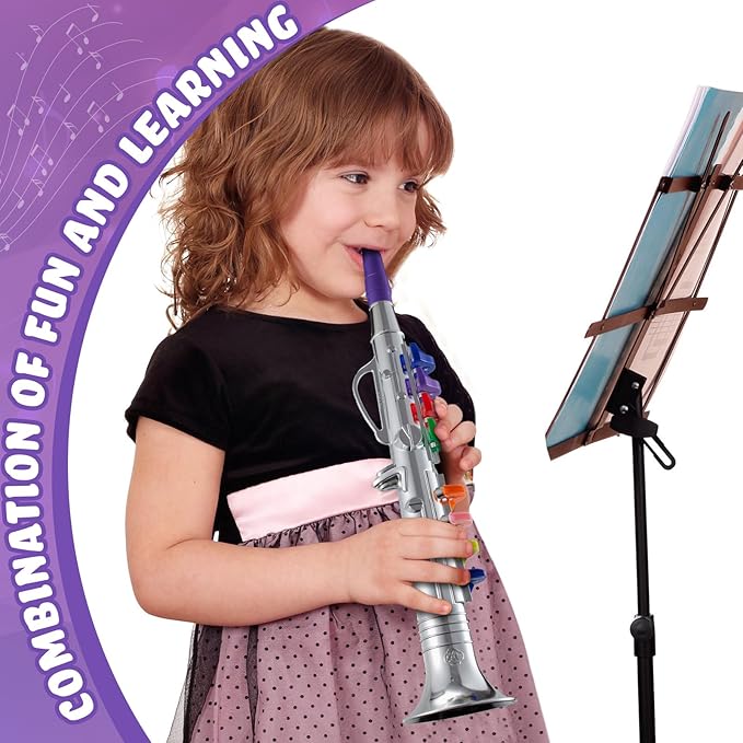 Lewtemi Silver Clarinet Musical Instruments Toy for Kid Toddler Fake Plastic Preschool Music Toy Gift Portable Wind Instrument Early Educational Teaching Songs Toy Gifts for Toddlers Children