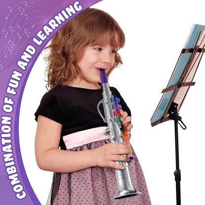 Lewtemi Silver Clarinet Musical Instruments Toy for Kid Toddler Fake Plastic Preschool Music Toy Gift Portable Wind Instrument Early Educational Teaching Songs Toy Gifts for Toddlers Children