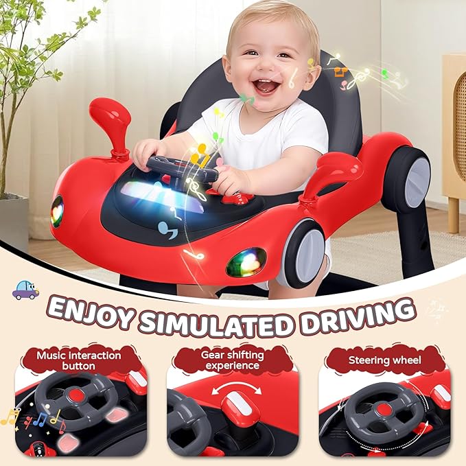 Baby Walker with Wheels, 5-in-1 Foldable Infant Toddler Walker for Boys Girls 6-18 Month, Music Walker for Baby with Car Steering Wheel &Removable Footrest,Baby Push Walker in Red and Black