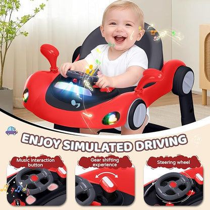 Baby Walker with Wheels, 5-in-1 Foldable Infant Toddler Walker for Boys Girls 6-18 Month, Music Walker for Baby with Car Steering Wheel &Removable Footrest,Baby Push Walker in Red and Black