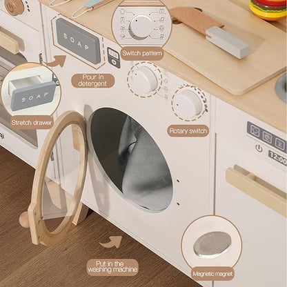 Kids Play Kitchen - Wooden Multi-Function Washing Machine for Kids Kitchen Playset - Pretend Toddlers' Kitchen Toy Washer with Accessories - Perfect Baby Gift for Ages 3-8