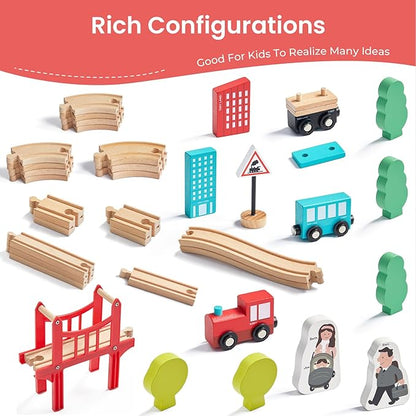Tiny Land Wooden Train Set for Toddler - 39 Pcs- with Wooden Tracks fits Thomas, fits Brio, fits Chuggington, fits Melissa and Doug - Expandable, Changeable-Train Toy for 3 4 5 Years Old Girls & Boys