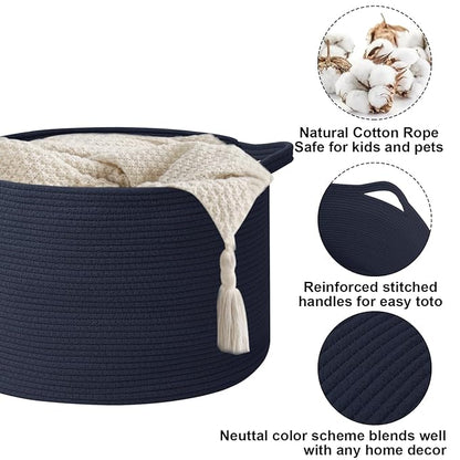 115L Extra Large Navy Blue Woven Cotton Rope Basket with Handles, Kids Nursery Laundry Hamper for Toys, Blankets, Pillows & Comforters, Storage Bin for Bedroom & Playroom