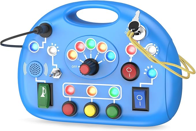 Busy Board with LED Light, Montessori Busy Board for 1+ Year Old, Sensory Toys with Sound and Switches, Fidget Board for Kids Electronic Early Development Toys Boys Birthday (Blue)