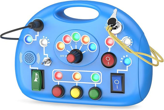 Busy Board with LED Light, Montessori Busy Board for 1+ Year Old, Sensory Toys with Sound and Switches, Fidget Board for Kids Electronic Early Development Toys Boys Birthday (Blue)