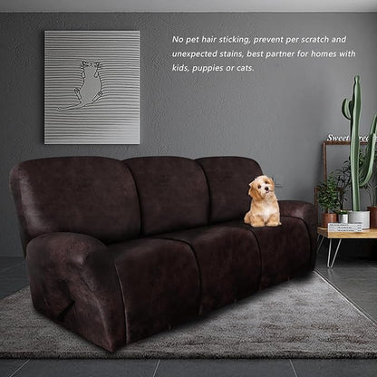 molasofa Recliner Sofa Covers - 8 Pieces Stretch Leather Like Large Couch Covers for 3 Seats Reclining Slipcovers Soft Jacquard Pattern Furniture Protector with Elastic Bottom (Chocolate)