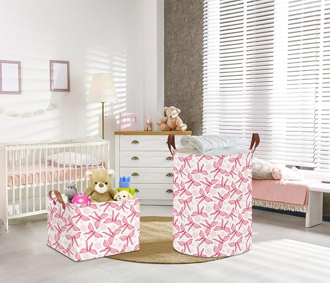 NTAOHAMPER Laundry Hamper,Laundry Basket,Baby Nursery Hamper,Waterproof Storage Bin,Clothes Organizer Basket,Room Decor(Pink Bowknot)