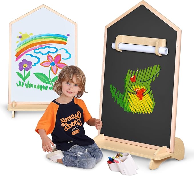 House Design Double-Sided Magnetic Drawing Board w/Detachable Roller for Kids, Extra Large Art Easel for Toddlers Boys and Girls Gift (Wall Mountable)