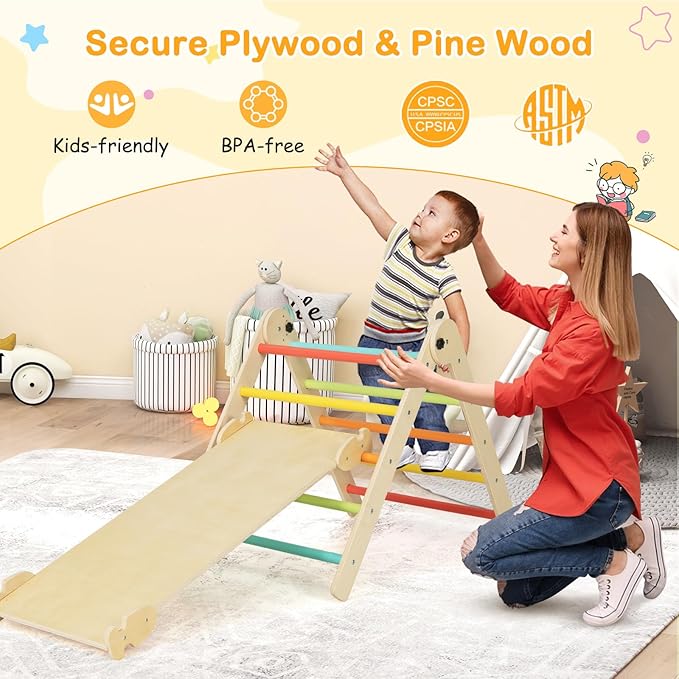HONEY JOY Climbing Toys for Toddlers, 4 in 1 Foldable Wooden Montessori Kids Triangle Climber, Double Side Ramp & Climber, Baby Learning Indoor Climbing Ladder Gym for Boys Girls (Colorful)