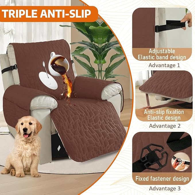 XINEAGE 100% Waterproof Recliner Chair Covers with Elastic Straps, Nonslip Reclining Couch Covers Washable Recliner Couch Cover with Pockets Furniture Protector for Pets Dogs (Coffee, 25")