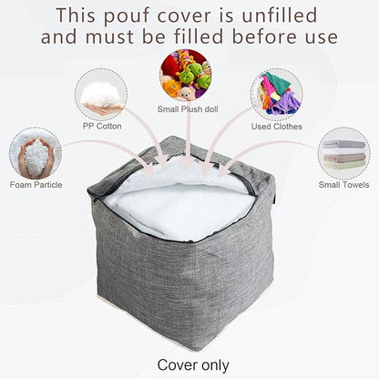 Louis Donné Unstuffed Pouf Ottoman Footstool Cover Gray Cottom Fabric for Storage, Decorative Washable Pouf Footstool with Trim Lace for Living Room House Warming Gifts(Only Cover)