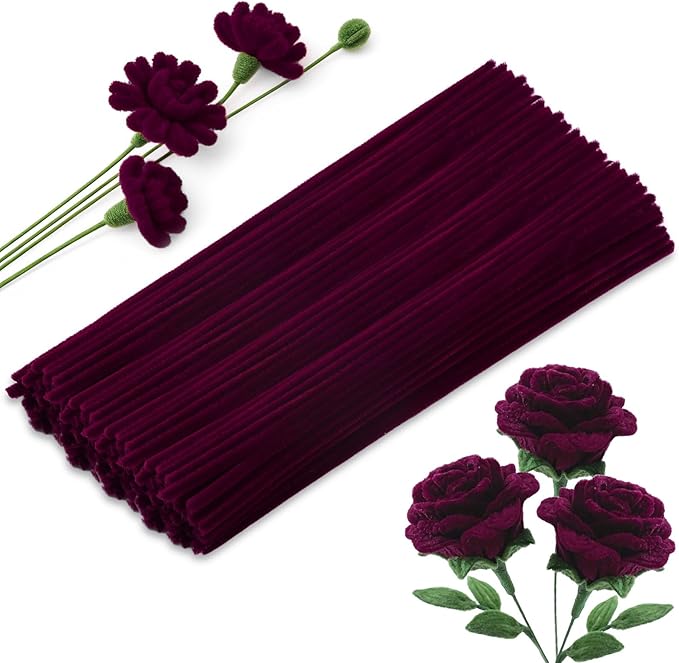 100 Pcs Pipe Cleaners, Wine Red Pipe Cleaners Bulk for Crafts Flowers, Bouquet Making, Chenille Stem for Home Festival Decorations (Burgundy)