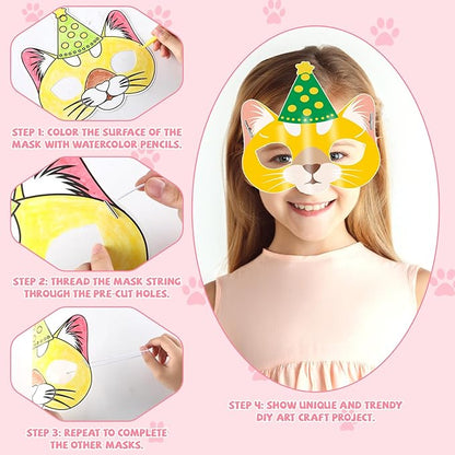 Lonfliness 36 Set Cat Coloring Mask Animal Paper Arts Crafts Kids Color Your Own Birthday Cat Blank DIY Mask Masquerade Birthday Party Dress-Up Decoration Favor School Classroom Activity Game Supplies