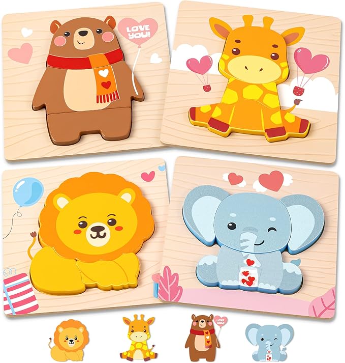 Wooden Puzzles for Toddlers 1-3, 4 Pack Wooden Puzzles with Animals Design, Birthday Gift for Boys Girls, Kids Party Favors Gifts - Educational Preschool Classroom Toys