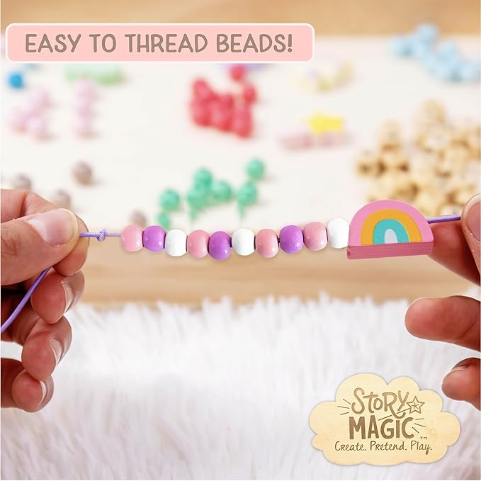 Story Magic Wooden Flower Bead Set, Over 300 Large Hole Wood Beads & Charms for Beading Bracelets, Bracelet Making Kit, Flower Bracelet Kit, Whimsical Bracelet Charms, Storage Tray Included, Ages 4+