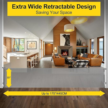 175 Inch Extra Wide Retractable Dog Gates 33" Tall Retractable Baby Gates for Wide Openings Extra Long Mesh Baby Gate Super Wide Gate for Kids or Pets Extra Large Dog Gate for Indoor Outdoor (Grey)