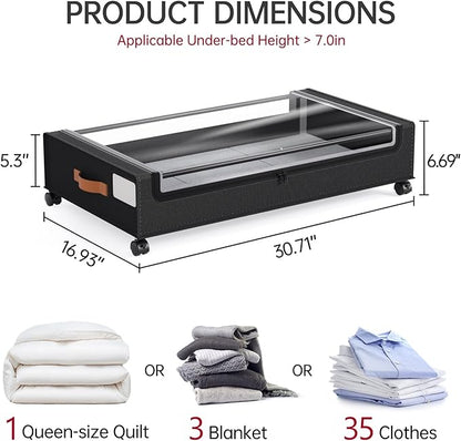 Yecaye 60L Under Bed Storage with Wheels, 2 Pack Under Bed Storage Containers, Underbed Shoe Storage with Clear Window & Label, Rolling Under Bed Metal Drawer for Clothes, Shoes, Books, Black