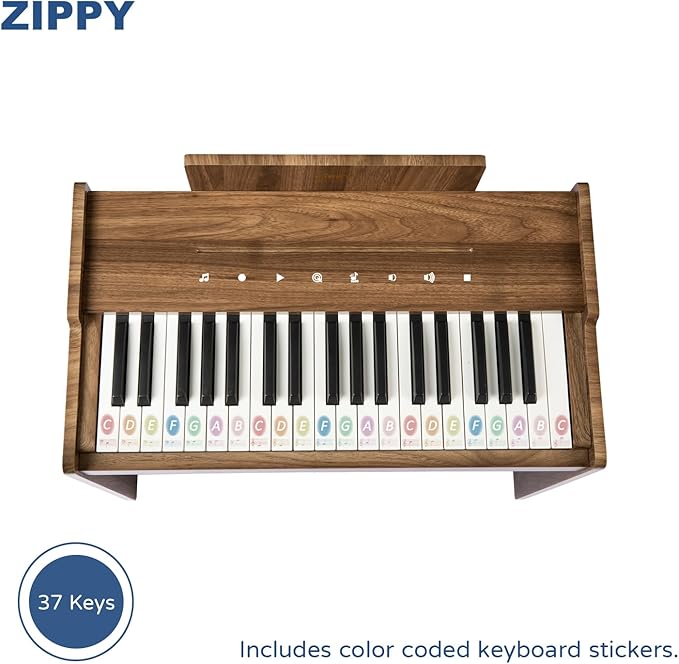 ZIPPY Kids Piano Keyboard, 37 Keys Digital Piano for Kids, Touch Sensitive Control Panel, Built-in Songs, Volume Adjustable, Music Educational Instrument, Wood Piano for 3+ Girls and Boys, Walnut Plus
