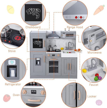 Play Kitchen for Kids, Wooden Play Kitchen with Toy Storage System, Toy Kitchen Set with Plenty of Play Features, Gift for Ages 3+,Grey