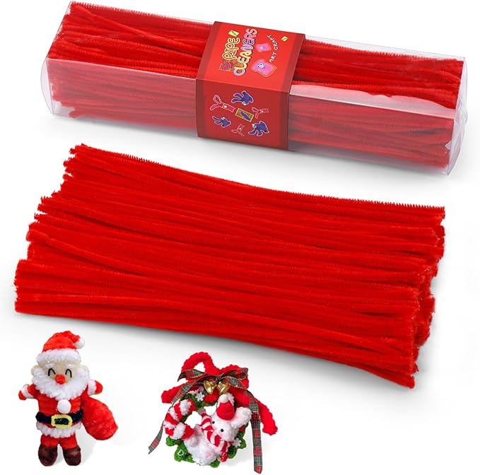 LOKUNN Pipe Cleaners, 200 Pcs Red Pipe Cleaners Craft Set, Solid Color Chenille Stems, DIY Arts and Crafts with Adhesive Eyes and Storage Box, Christmas Halloween Decoration Art Supplies