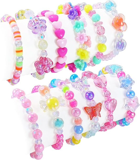 12 PCS Kids Bracelets for Girls Jewelry Little Girl Beaded Bracelets Flower Butterfly LOVE Letter Pink Princess Pretend Play Easter Christmas Birthday Gift