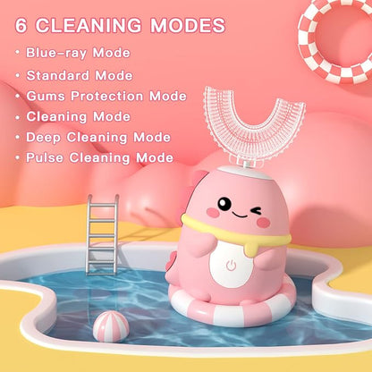 Kids Electric Toothbrush U Shaped Toddler Auto Sonic Toothbrushes with 5 Brush Head,Cartoon Dinosaur Ultrasonic Toothbrushes for Children 2-12 Years,360° Full Mouth Cleaning Automatic