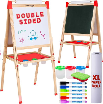 Blue Squid Art Easel for Kids - Dual-Sided Adjustable Wooden Painting Easels, Ideal Christmas Gift for Toddlers and Kid - with Magnetic Chalk Board, White Board & Paper Roll, Includes Accessories