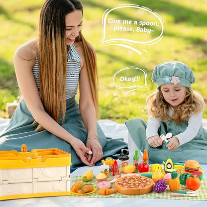 Play Food Sets for Kids Kitchen, Picnic Basket Toy Food Cutting Set with Cutlery and Blanket, Toddler Play Kitchen Accessories with Fruits, Juice, Fake Food with Pizza Toys for Boys Girls