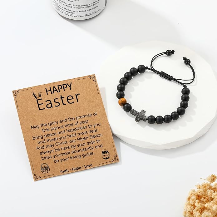 P. BLAKE First Communion Confirmation Baptism Gifts for Boys Teens, American Flag Cross Natural Beads Bracelet Christian Religious Jewelry Gifts for Teen Boys Kids