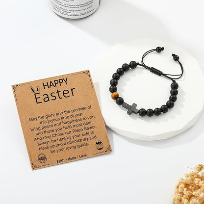 P. BLAKE First Communion Confirmation Baptism Gifts for Boys Teens, American Flag Cross Natural Beads Bracelet Christian Religious Jewelry Gifts for Teen Boys Kids
