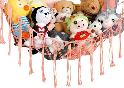 Boho Stuffed Animals Net or Hammock Large,55 inch Toy Hammock Macrame Stuff Animal Storage Corner Hanging Net Holder,Mesh Hammock Plush Toy Organizer with Hooks for Bedroom,Nursery (Deep Pink)
