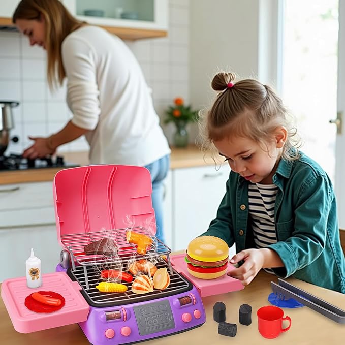 Kids BBQ Grill Playset Kitchen Toy Set with Pretend Smoke Sound Light Toddler Girls Pink Play Food Ages 2-4 3-5 4-8 Indoor Outdoor Cooking Barbecue Toys for 2 3 4 Year Old Girl Birthday Valentine Gift