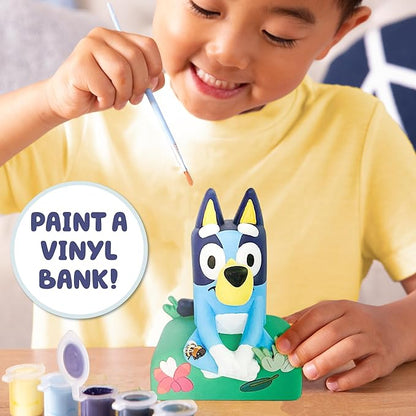 Bluey Paint Your Own Bank, Includes 6 Paints, Stickers, Vinyl Bank, Piggy Bank for Kids, Themed Piggy Bank, Great Gift Birthday Party, Toy Figures, Paintable Bluey Toys, Bluey Toys for Toddlers 1-3