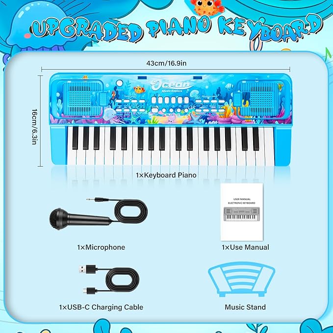 Upgraded 37 Keys Kids Piano Keyboard with Microphone Music Stand – Portable Musical Toys for Toddlers Ages 3 4 5 6 Boys Girls Birthday Gift - Blue