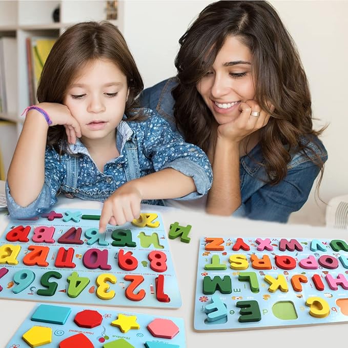 Puzzles for Toddlers, 3 Pack Wooden ABC Alphabet Number Shape Puzzles Toddler Learning Toys for Kids Boys and Girls 2-4, Preschool Educational Toys Gift for Kids Ages 1 2 3 4 5